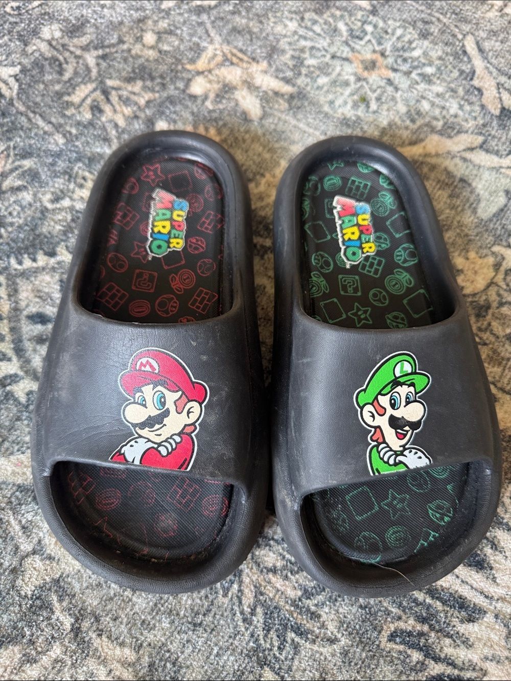 Nintendo Boys Black Slides with Red Mario & Green Luigi
